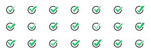 Set Of Check Mark Icons In A Circle. Check Marks Or Ticks. Green Confirm Symbol. Check List Icon. Vector Illustration