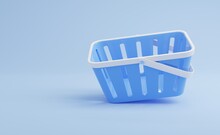 3D Illustration, Blue Shopping Basket On Blue Background.