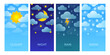 Weather forecast. App background with sun clouds rain wind, mobile interface layout. Vector poster set