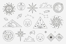 Astrology Vintage Symbols. Occult And Esoteric Mystic Sun Moon And Stars Elements. Vector Celestial Set
