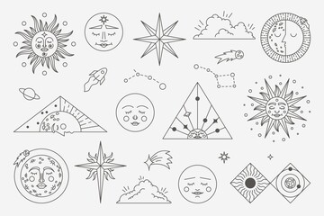astrology vintage symbols. occult and esoteric mystic sun moon and stars elements. vector celestial 