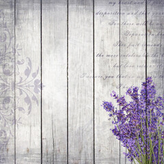 Bouquet of lavender flowers on a gray wood background. Digital background for scrapbooking or vintage paper.