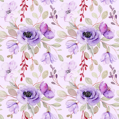 Watercolor purple floral seamless pattern