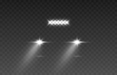 Vector light from the headlights PNG. Light from the headlights of a car on an isolated transparent background. Round headlights, white light PNG. Road lighting. PNG.