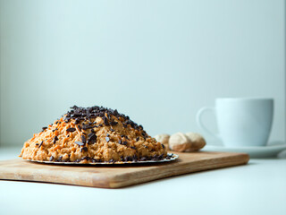 Wall Mural - anthill cake with chocolate, cookies, walnuts, condensed milk. Homemade traditional Soviet dessert