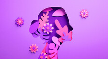 International Womens Day Poster With Woman Silhouette And Floral Ornaments In Paper Cut 3D Illustration. Female Face Flyer For Feminism, Independence, Empowerment And Women's Day Equality Concept