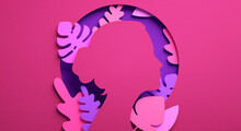 International Womens Day Flyer With Woman Silhouette And Floral Ornaments In Paper Cut 3D Illustration. Girl Face Poster For Feminism, Independence, Empowerment And Women Rights