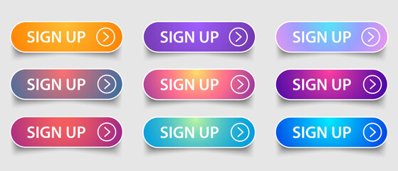 Poster - sign in sign up web buttons set. outline and filled ui web buttons in flat style. rounded vector buttons on trendy gradients with arrows for web and ui design