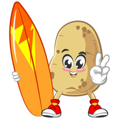 Wall Mural - vector illustration of cute potato mascot carrying a surfboard with two fingers raised a peace sign