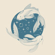 Fantastic celestial fish swimming in space. Vector esoteric illustration.