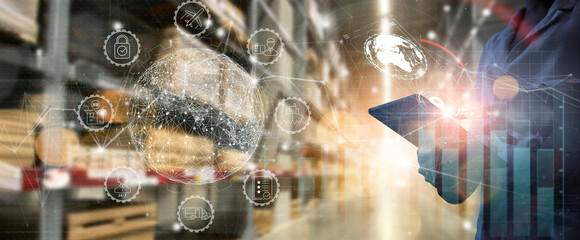 Poster - Businesss Workers using digital tablet computer cargo and tracking delivery for Transportation and global network of smart logistics in blur warehouse background.
