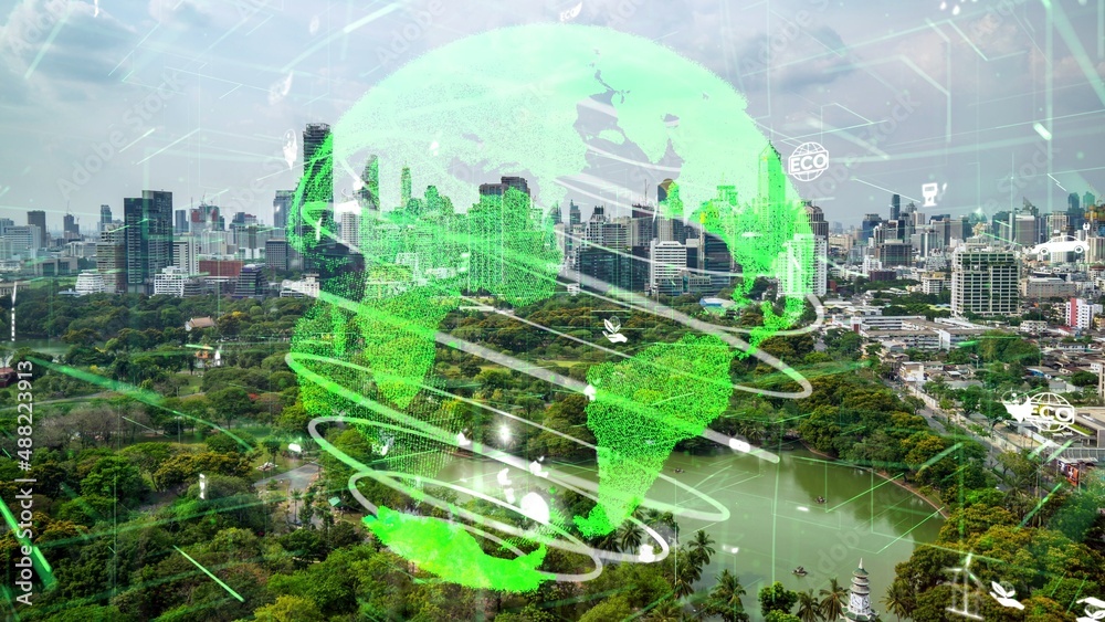 Green city technology shifting towards sustainable alteration concept by clean energy , recycling and zero waste management to reduce pollution generation and achieve ESG goals .