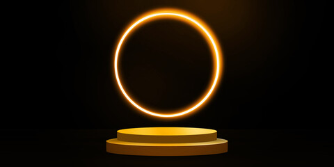 Poster - Glowing 3D Rendered Podium with Neon Light Ring and Empty Space. Modern Orange and golden podium backdrop
