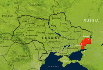 Ukraine on Europe map with Donetsk and Luhansk regions. Elements of this image furnished by NASA.