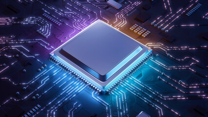 Central Computer Processors CPU concept. Motherboard digital chip. Technology science background. Integrated communication processor. 3D illustration