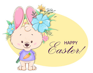 Sticker - Happy Easter greeting card. Cute bunny