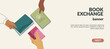 © Maria Petrish - Book exchange landing page template or bookcrossing vector illustration banner. Education and knowledge concept, diverse hands holding volume. Swap literature event, library day, culture festival
