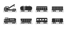 Wagon And Locomotive Icons. Train, Repair Train And Railway Freight Cars