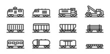 Locomotive And Wagon Line Icon Collection. Train, Repair Train And Railway Freight Cars