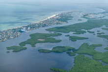 Aerial Plane Or Drone View Of Ft Myers Beach Landscape Near Sanibel Island In Southwest In Florida Saharan With Beautiful Green Water And Estero Bay Aquatic Preserve