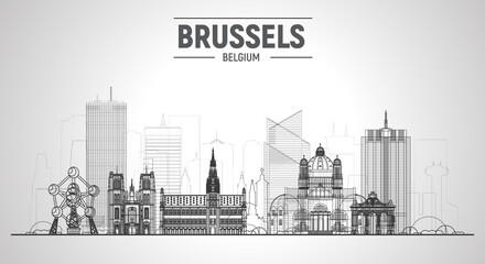 Wall Mural - Brussels (Belgium) line skyline with panorama in white background. Vector Illustration. Business travel and tourism concept with modern buildings. Image for presentation, banner, website.