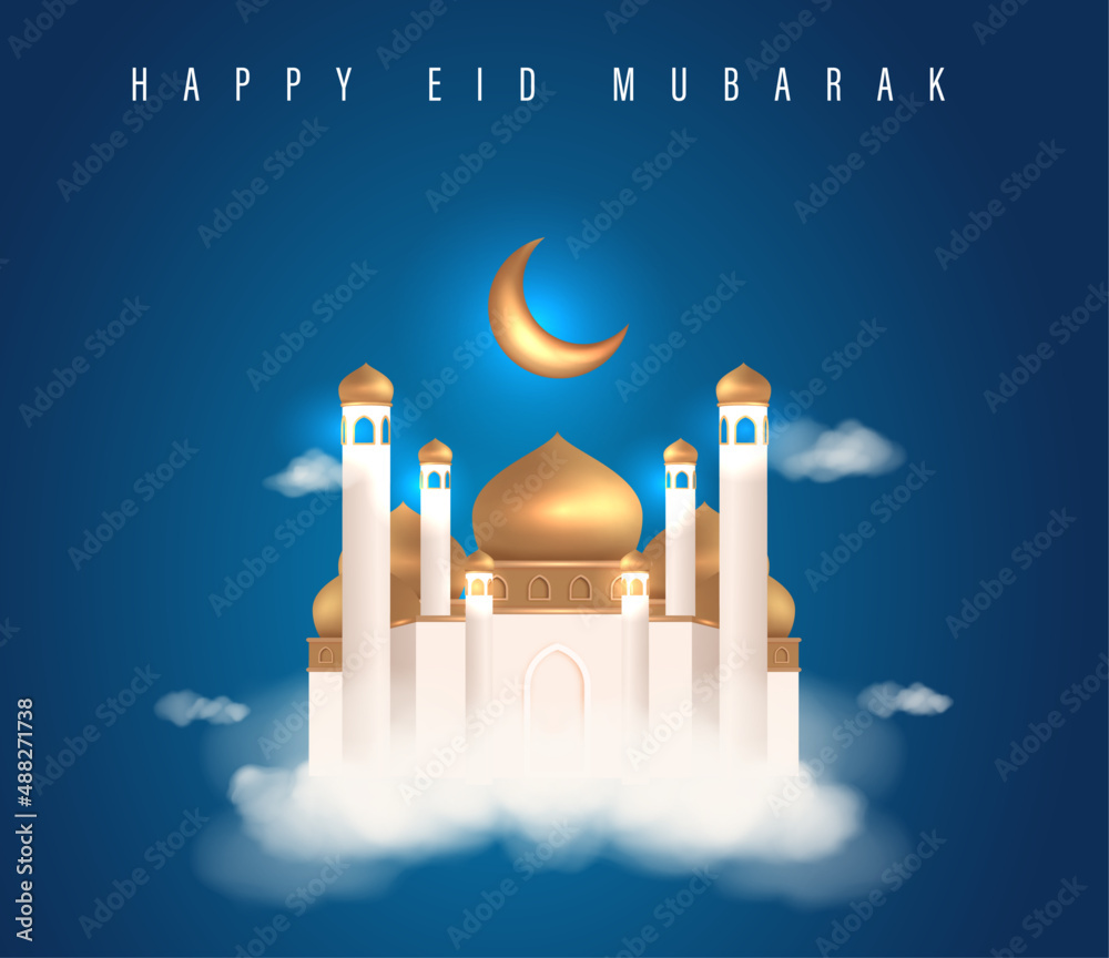 Happy Eid Mubarak Poster with 3D Realistic Golden Dome Mosque Vector ...