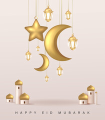 Wall Mural - 3D Realistic Golden Hanging Crescent Moon and Star Design, Modern and Elegant Template for Happy Eid Mubarak Poster