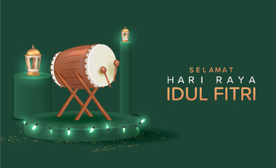 Sticker - 3D Eid Mubarak Design with Realistic Drum and Lantern Vector Illustration