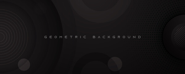 Black abstract vector long banner. Business minimal gradient background with 3D circles and copy space for text. Facebook header, web banner