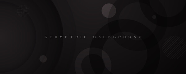 Black abstract vector long banner. Business minimal gradient background with 3D circles and copy space for text. Facebook header, web banner