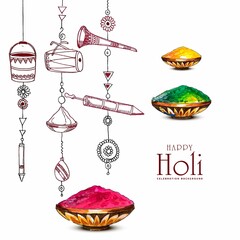 Happy holi on hanging holi sketch elements card indian festival background