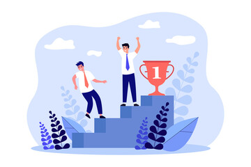 Wall Mural - Winner reaching gold cup on top of stairs. Male employee falling off staircase flat vector illustration. Competition, victory, rivalry concept for banner, website design or landing web page