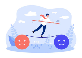 Wall Mural - Office worker balancing on rope between good and bad mood. Man controlling emotions flat vector illustration. Mental health, harmony, psychology concept for banner, website design or landing web page