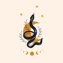Wall Mural - Magic snake in boho style with moon. Mystical symbol in a trendy minimalist style. Esoteric vector illustration.