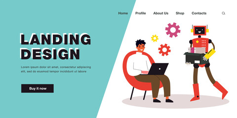 Poster - Robotic character carrying documents for man working at laptop. Male character using mechanical assistance flat vector illustration. Modern robots, technology, artificial intelligence concept
