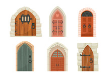 Medieval Castle Doors Cartoon Illustration Set. Heavy Old Wooden Gates To Dungeon Or Portal In Stone Arch, Entrance To Ancient Tower Or Fortress. Building Facade, Fantasy Concept