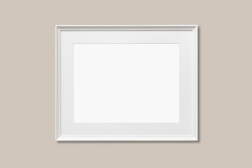 Wall Mural - Empty white frame mockup on beige neutral wall background, One horizontal artwork template for painting, poster or photo