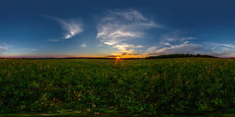 Wall Mural - evening hdr panorama 360 view among farming fields with sunset clouds in equirectangular spherical projection, ready for VR AR virtual reality content
