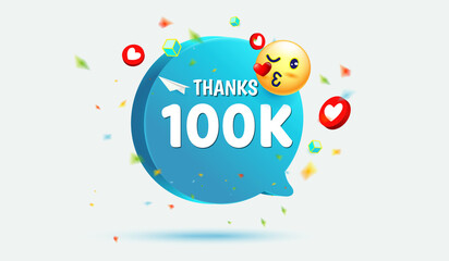 Thank you 100K. One hundred thousand of subscribers or followers with social network blue icons neon style, Smile face emoji emoticon icon , doodle, message and heart for Web, App