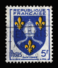 Stamp printed in the France shows Coat of arms of Saintonge, circa 1954.