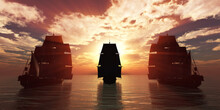 Old Three Ships Sunset At Sea, 3d Rendering