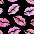© Tatsiana - Vector seamless pattern with pink lip imprints isolated on black background.