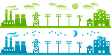 Power Plant Generates Electricity To Transmit Electricity To Electric Poles And City In Day And Night Home Concept Green Blue Ecology Friendly On White Background Flat Vector Design.