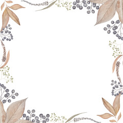  Painted watercolor delicate and romantic leaves and berries. Pastel floral clip art perfect for wedding postcard making. Diy project. Closeup, white background
