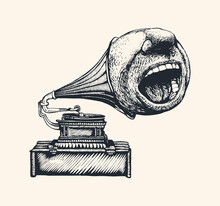 Gramophone And Singing Mouth. Surreal Musical Symbol For Your Design. Vector Illustration
