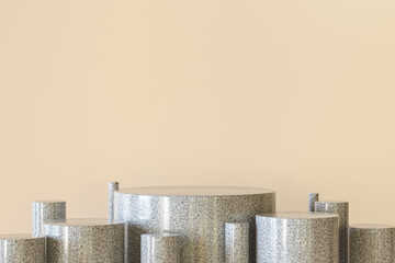 Poster - 3d render. Many granite cylindrical podiums on an isolated background.