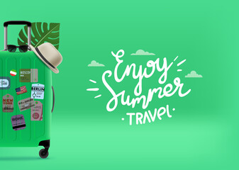 Wall Mural - Travel concept with green suitcase and logo. Enjoy summer travel. 3d vector illustration