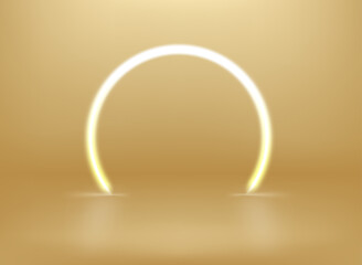 Poster - White neon glowing circle on golden room. 3d vector showcase