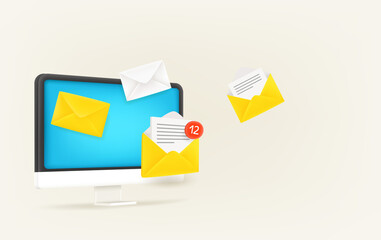 Poster - Receiving new mail messages via computer. 3d vector banner with copy space