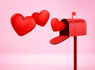 Aufkleber - Mailing box with flying hearts. Mailing with love concept. 3d vector illustration